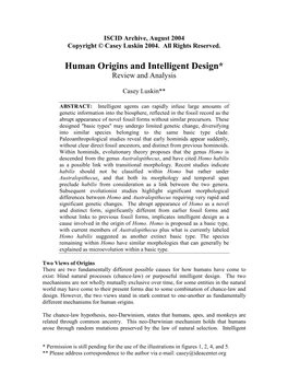 Human Origins and Intelligent Design* Review and Analysis