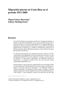 Migración Interna En Costa Rica En El Período 1927-2000