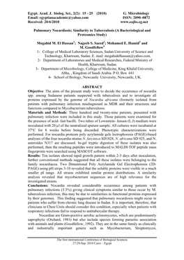 Pulmonary Nocardiosis; Similarity to Tuberculosis (A Bacteriological and Proteomics Study)