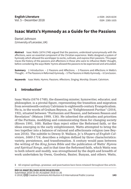 Isaac Watts's Hymnody As a Guide for the Passions
