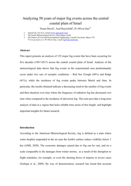 Analyzing 50 Years of Major Fog Events Across the Central Coastal Plain of Israel Noam David1, Asaf Rayitsfeld2, H