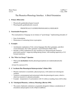 The Phonetics-Phonology Interface: a Brief Orientation