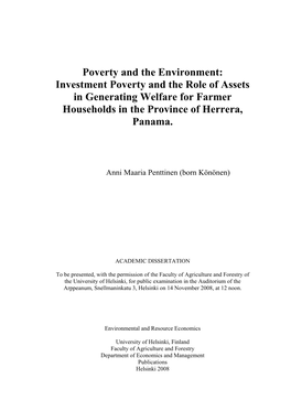 Poverty and the Environment: Investment Poverty and the Role of Assets in Generating Welfare for Farmer Households in the Province of Herrera, Panama