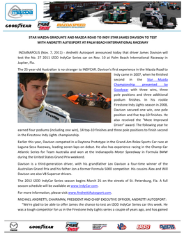 Star Mazda Graduate Davison to Test Andretti Autosport Indycar