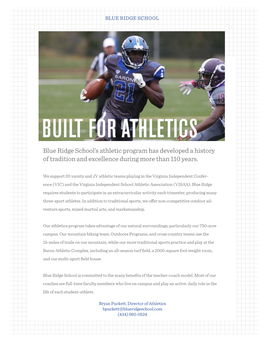 BUILT for ATHLETICS Blue Ridge School’S Athletic Program Has Developed a History of Tradition and Excellence During More Than 110 Years