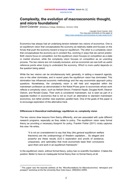Complexity, the Evolution of Macroeconomic Thought, and Micro Foundations1 David Colander [Middlebury College, Middlebury, Vermont, USA]