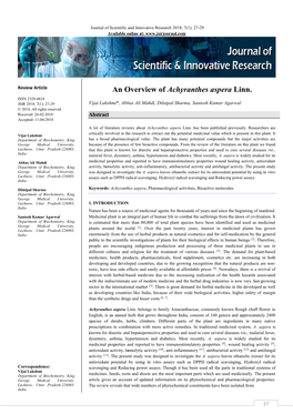 An Overview of Achyranthes Aspera Linn. ISSN 2320-4818