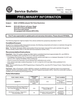 Service Bulletin PRELIMINARY INFORMATION