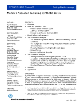 Moody's Approach to Rating Synthetic Cdos