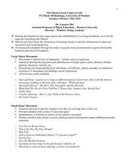 1 the Music Lesson Comes to Life! P/J Music Methodology, University of Windsor Tuesday February 19Th, 2019