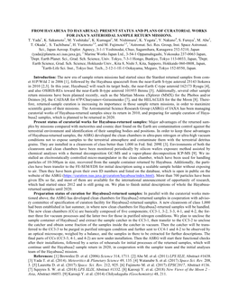 From Hayabusa to Hayabusa2: Present Status and Plans of Curatorial Works for Jaxa’S Asteroidal Sample Return Missions