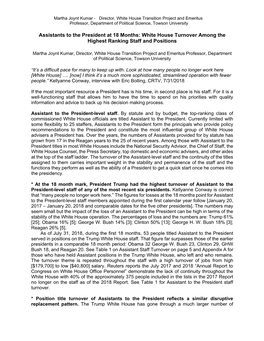Assistants to the President at 18 Months: White House Turnover Among the Highest Ranking Staff and Positions