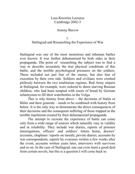 Stalingrad and Researching the Experience of War