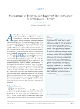 Management of Biochemically Recurrent Prostate Cancer Following Local Therapy