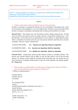 UNIT- V: Sorting: Bubble Sort, Merge Sort, Insertion Sort, Selection Sort, Quick Sort