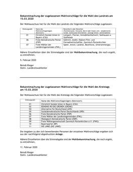 Bekanntmachung Der Zugelassenen Wahlvorschläge Für Die Wahl Des Landrats Am 15.03.2020