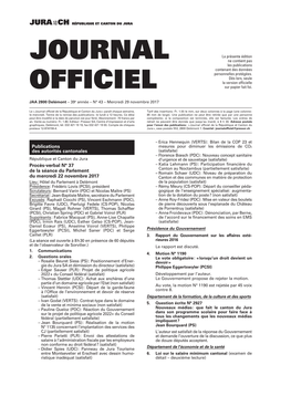 Journal Officiel De La République Et Canton Du Jura » Paraît Chaque Semaine, Tarif Des Insertions : Fr