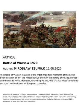 ARTYKUŁ Battle of Warsaw 1920 Author: MIROSŁAW SZUMIŁO 12.08.2020