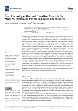 Laser Processing of Hard and Ultra-Hard Materials for Micro-Machining and Surface Engineering Applications