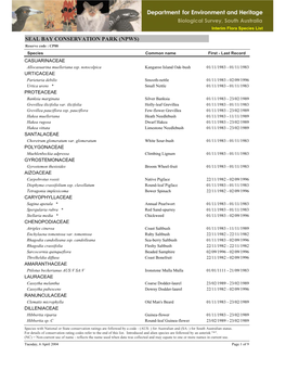 SEAL BAY CONSERVATION PARK (NPWS) Reserve Code : CP88 Species Common Name First - Last Record CASUARINACEAE Allocasuarina Muelleriana Ssp