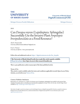 Can Darapsa Myron (Lepidoptera: Sphingidae) Successfully Use the Invasive Plant Ampelopsis Brevipedunculata As a Food Resource? Alex K