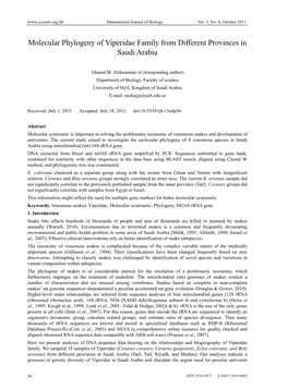 Molecular Phylogeny of Viperidae Family from Different Provinces in Saudi Arabia