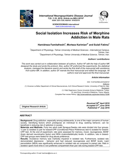 Social Isolation Increases Risk of Morphine Addiction in Male Rats