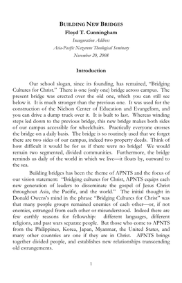 Floyd T. Cunningham Inauguration Address Asia-Pacific Nazarene Theological Seminary November 20, 2008