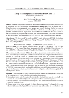 Study on Some Nymphalid Butterflies from China - 2 (Lepidoptera, Nymphalidae) by So N G -Yu N La N G & Xu E -Ji a N Wa N G Received 14.XII.2009