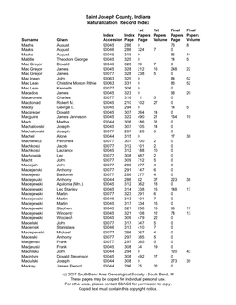 Saint Joseph County, Indiana Naturalization Record Index