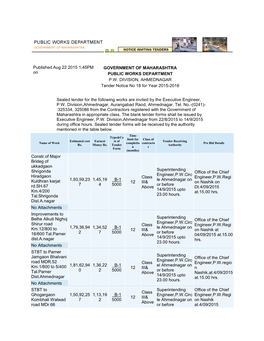 Published on Aug 22 2015 1:45PM GOVERNMENT of MAHARASHTRA PUBLIC WORKS DEPARTMENT P.W. DIVISION, AHMEDNAGAR Tender Notice No 18