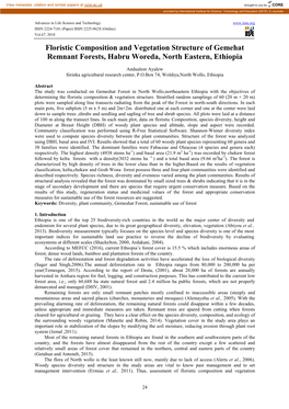 Floristic Composition and Vegetation Structure of Gemehat Remnant Forests, Habru Woreda, North Eastern, Ethiopia