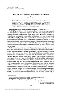 Weak P-Points in Cech-Stone Compactifications