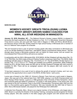 Women's Hockey Greats Tricia (Dunn) Luoma and Winny (Brodt) Brown Named Coaches for Nwhl All-Star Weekend in Minnesota