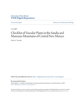 Checklist of Vascular Plants in the Sandia and Manzano Mountains of Central New Mexico Robert C