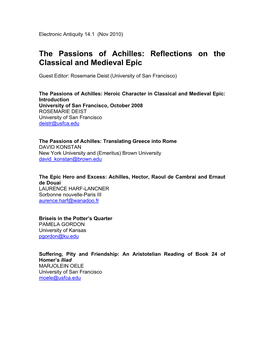 The Passions of Achilles: Reflections on the Classical and Medieval Epic