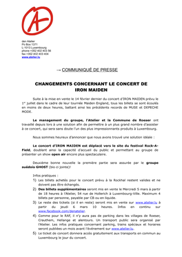 → Communiqué De Presse Changements Concernant Le Concert De Iron Maiden