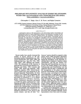 Preliminary Phylogenetic Analysis of Generic Relationships Within the Callianassidae and Ctenochelidae (Decapoda: Thalassinidea: Callianassoidea)