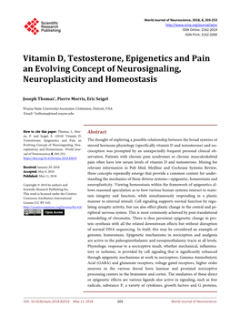 Vitamin D, Testosterone, Epigenetics and Pain an Evolving Concept of Neurosignaling, Neuroplasticity and Homeostasis