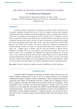 The Survey of Parasitic Crustaceans Infesting in Fishes