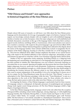 New Approaches to Historical Linguistics of the Sino-Tibetan Area