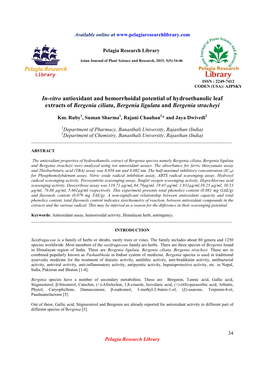 In-Vitro Antioxidant and Hemorrhoidal Potential of Hydroethanolic Leaf Extracts of Bergenia Ciliata , Bergenia Ligulata and Bergenia Stracheyi