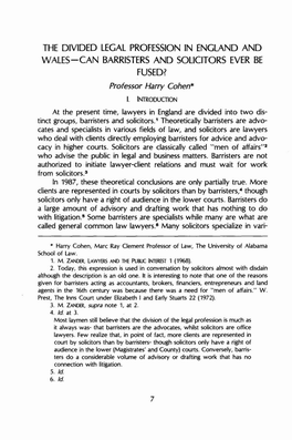 THE DIVIDED LEGAL PROFESSION in ENGLAND and WALES-CAN BARRISTERS and SOLICITORS EVER BE FUSED? Professor Harry Cohen*