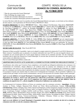 Commune De COMPTE RENDU DE LA CHEF BOUTONNE SEANCE DU CONSEIL MUNICIPAL Du 13 MAI 2019