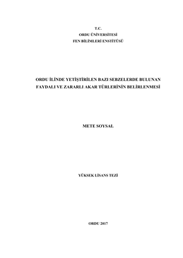 Ordu Ilinde Yetiştirilen Bazi Sebzelerde Bulunan Faydali Ve Zararli Akar Türlerinin Belirlenmesi Mete Soysal