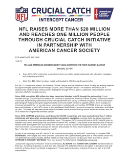 Nfl Raises More Than $20 Million and Reaches One Million People Through Crucial Catch Initiative in Partnership with American Cancer Society
