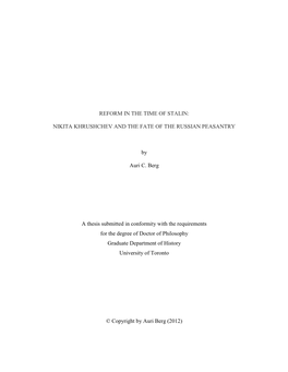 Reform in the Time of Stalin: Nikita Khrushchev and the Fate of the Russian Peasantry” Doctor of Philosophy 2012 Auri C