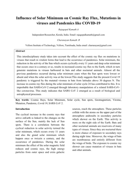 Influence of Solar Minimum on Cosmic Ray Flux, Mutations in Viruses and Pandemics Like COVID-19