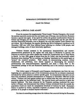 ROMANIA's UNFINISHED REVOLUTION Anneli Ute Gabanyi ROMANIA, a SPECIAL CASE AGAIN?