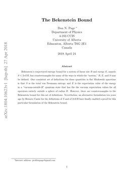 Arxiv:1804.10623V1 [Hep-Th] 27 Apr 2018 the Bekenstein Bound